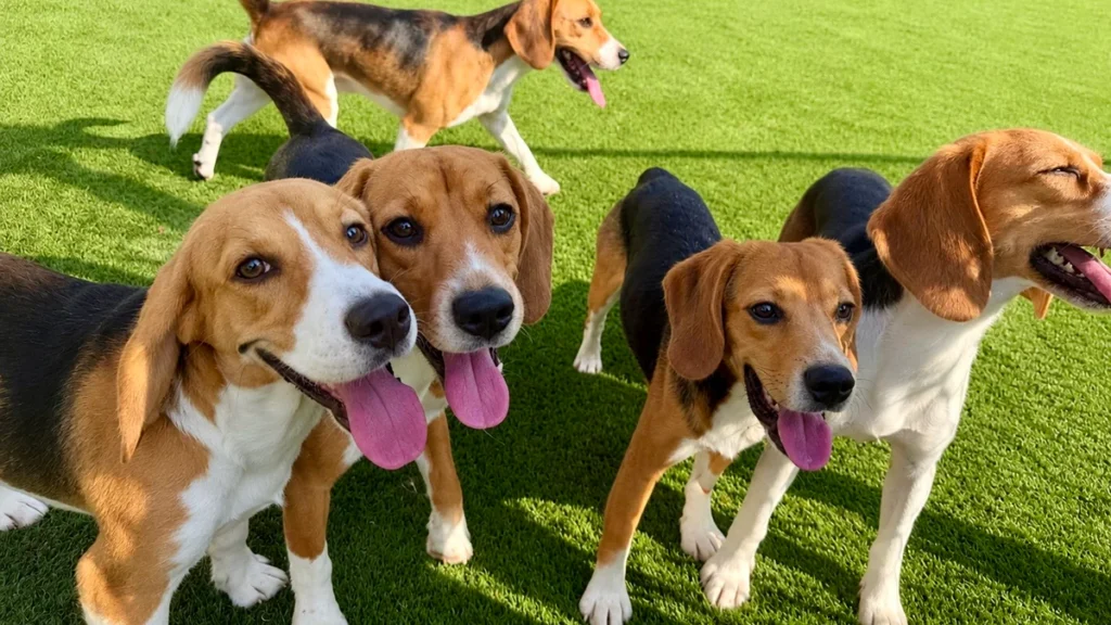 Pack of beagles playing on green turf at Big Dog Ranch Rescue