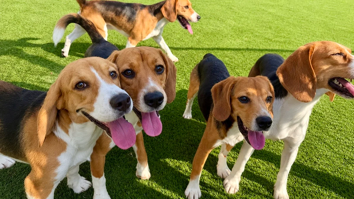 Pack of beagles playing on green turf at Big Dog Ranch Rescue
