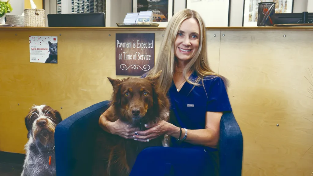 Dr. Anne Cooley, Aspen veterinarian, in scrubs holding a dog at the clinic front desk with a second dog beside her